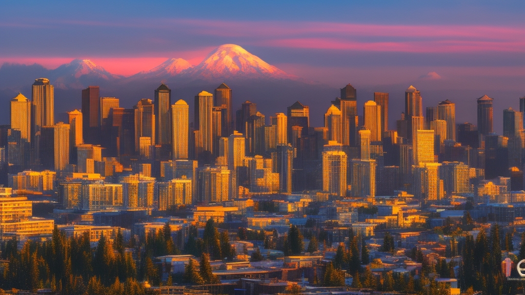 Seattle skyline at golden hour with international students walking along waterfront promenade