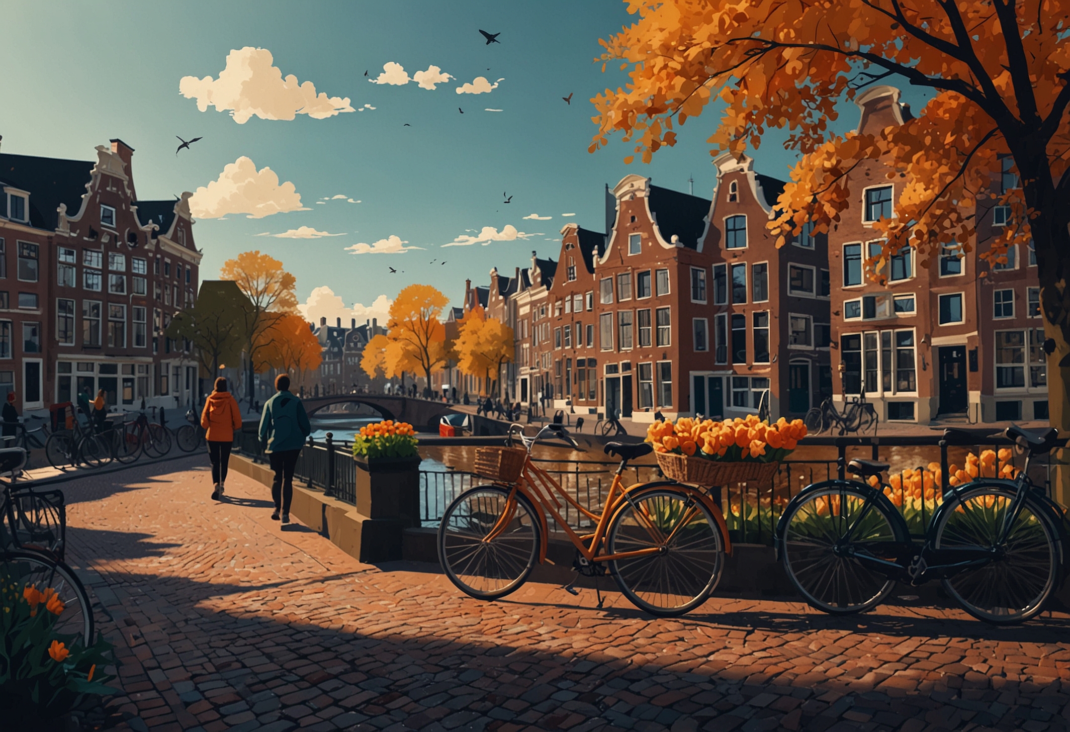 Amsterdam canals with bicycles and traditional Dutch houses, international students